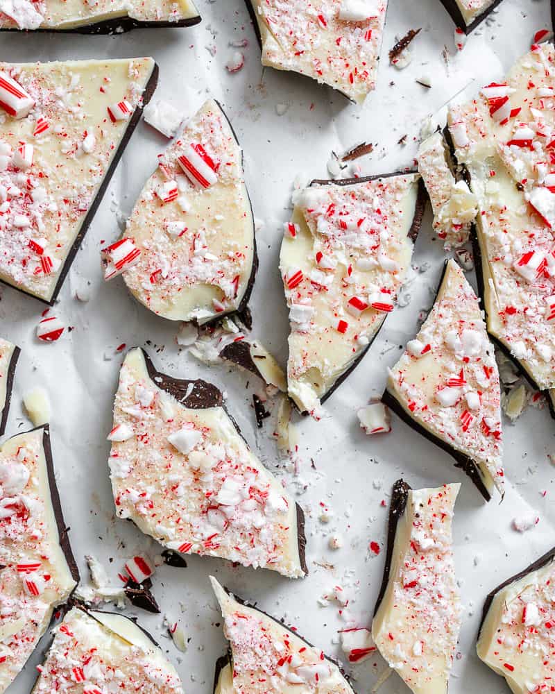 completed Vegan Peppermint Bark on whit surface