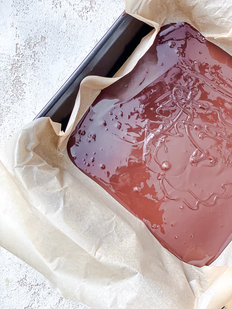 process shot showing vegan chocolate in baking dish