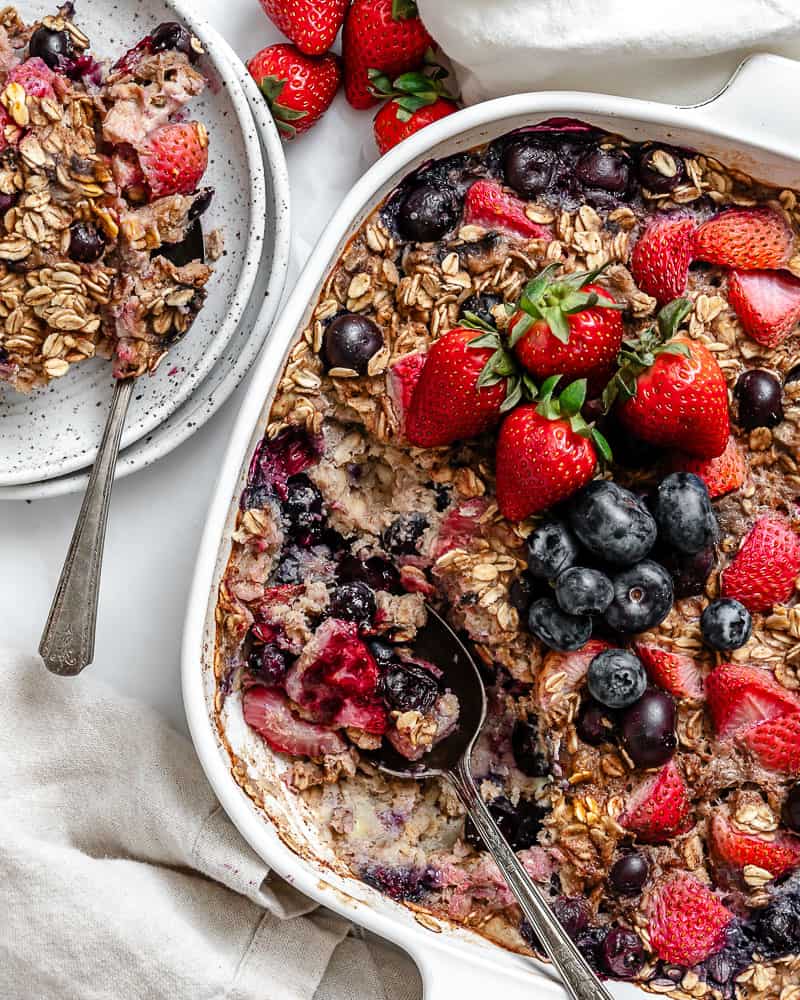 completed Vegan Baked Oatmeal [With Berries] in a baking dish