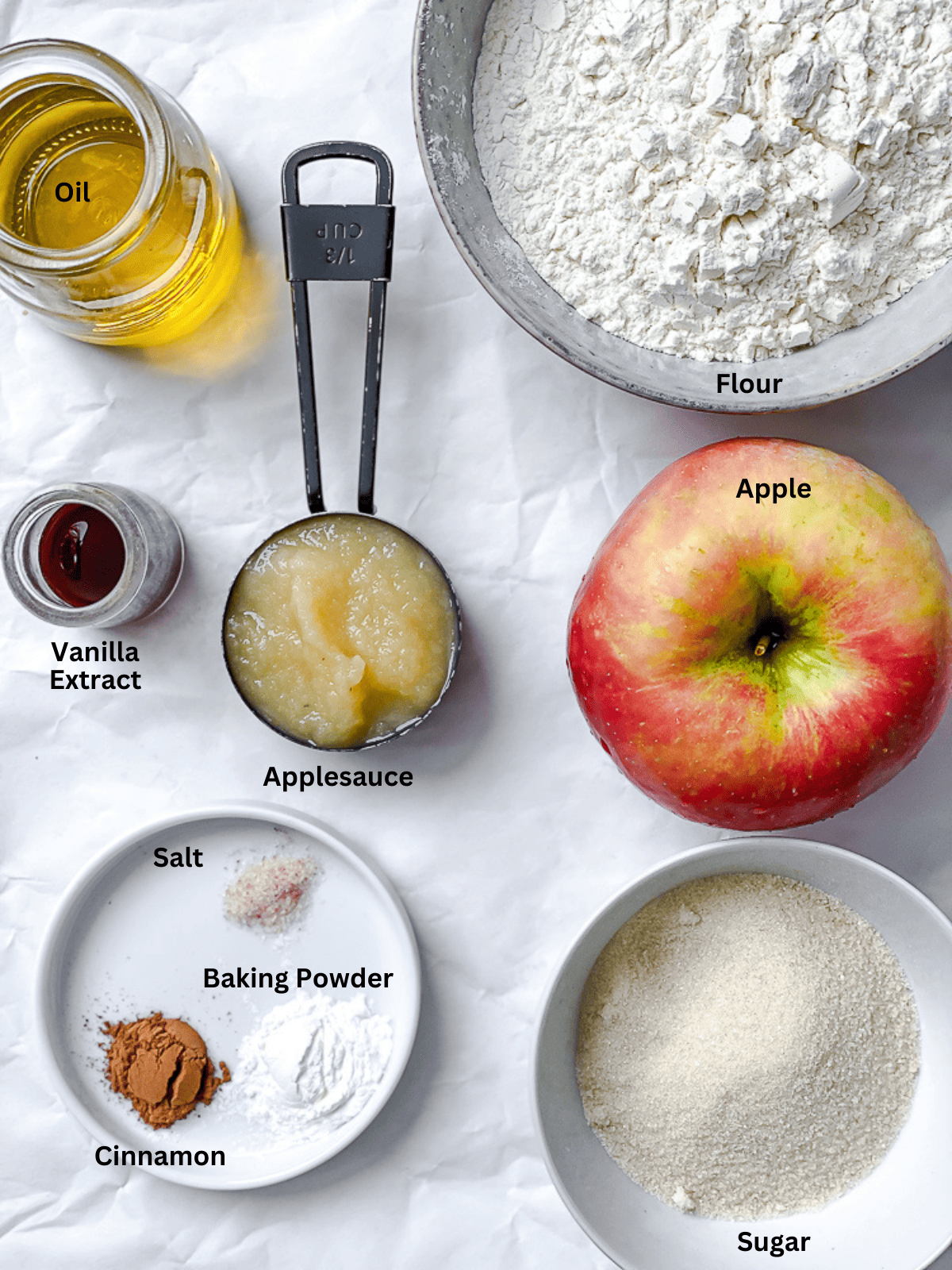 ingredients for apple cinnamon bread with labels.