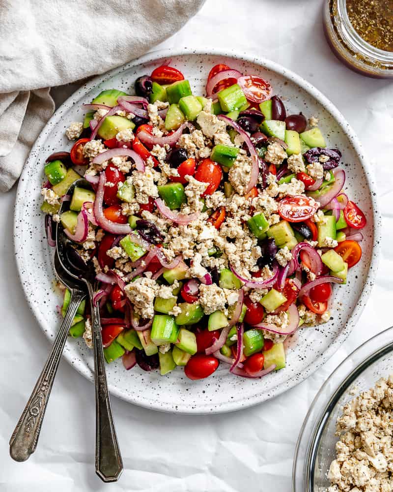 completed Greek Cucumber Salad plated