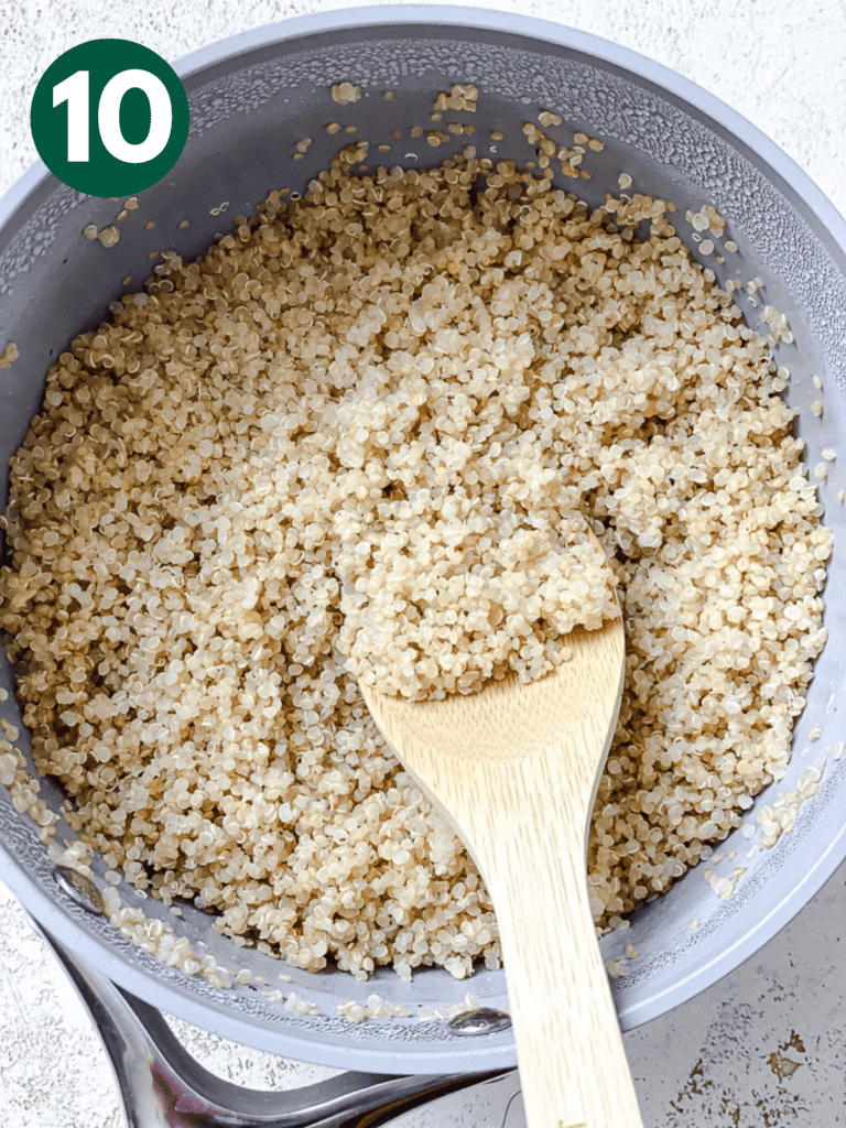 process shot showing quinoa being stirred in bowl