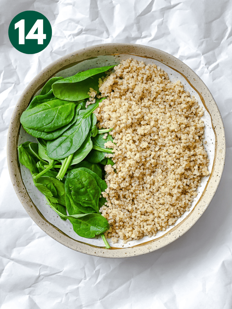 process shot showing greens and quinoa in bowl