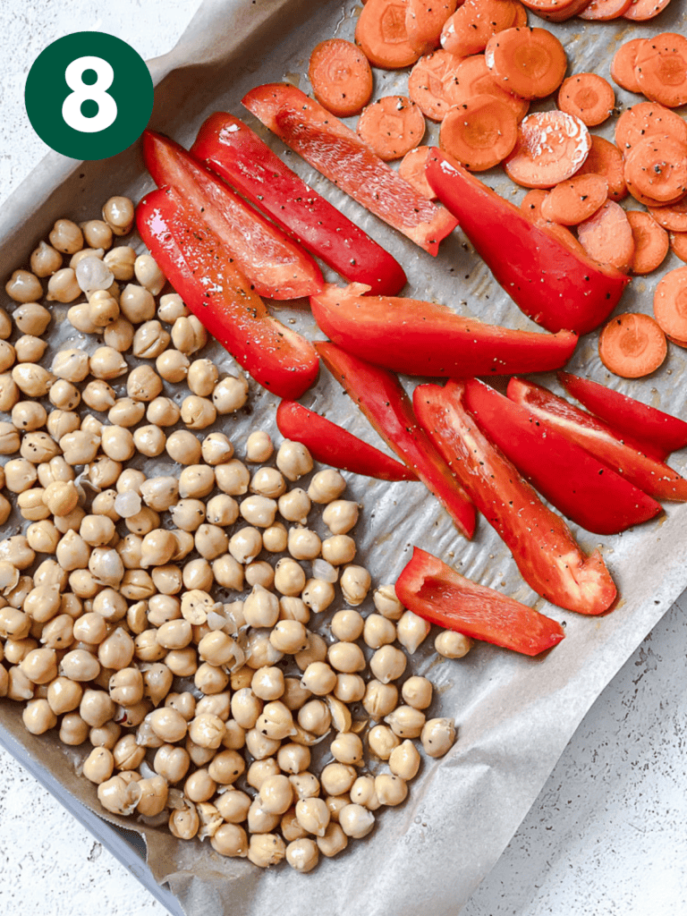 process shot showing veggies on baking dish