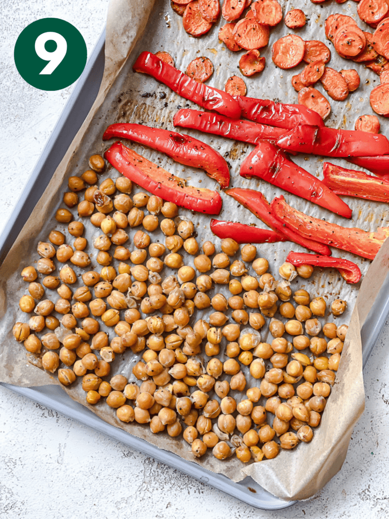 process shot showing baked veggies on baking dish