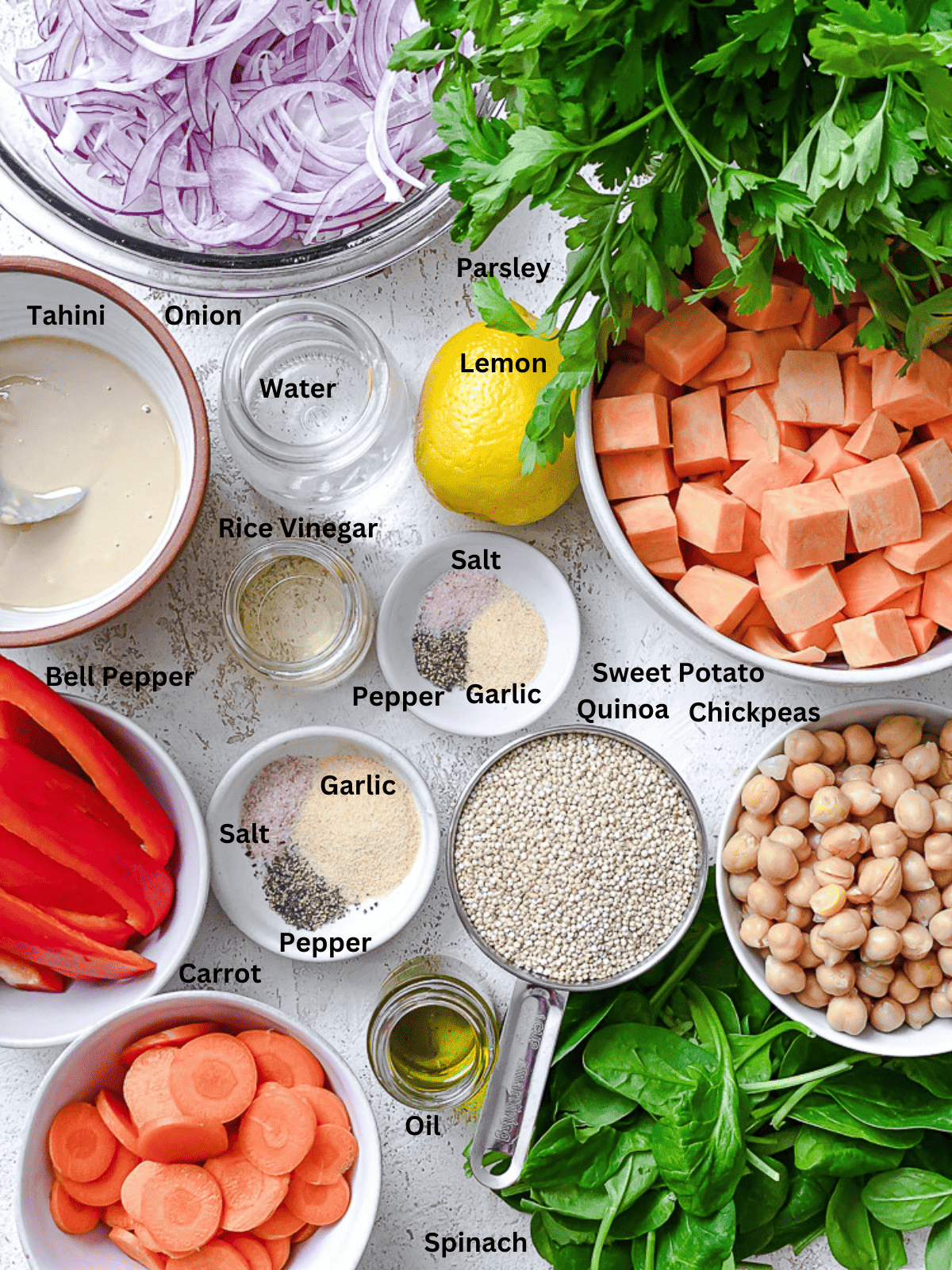 ingredients for Sweet Potato Quinoa Bowl on a white surface