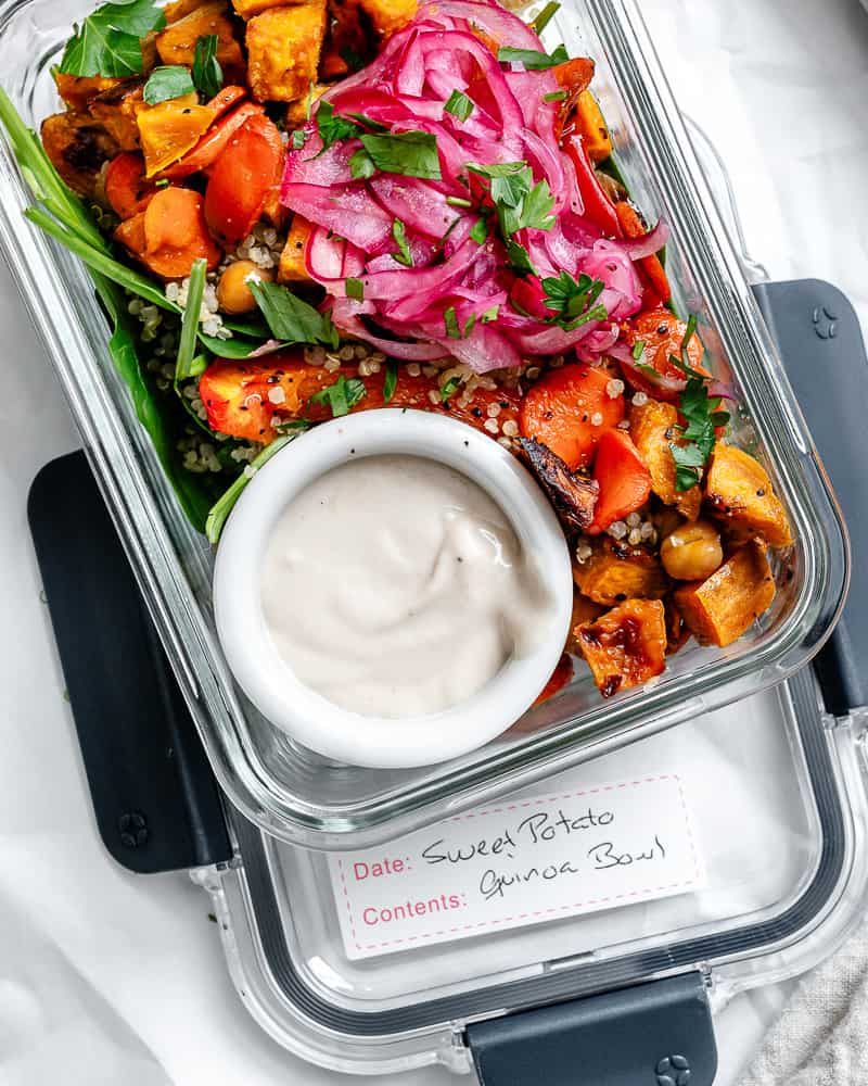 completed Sweet Potato Quinoa Bowl in a storage container