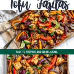 pinterest image of roasted taco-seasoned tofu chunks, onion, and bell peppers on a parchment-lined sheet pan.