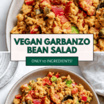 pinterest image of vegan garbanzo bean salad in a large white bowl.