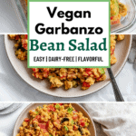 pinterest image of vegan garbanzo bean salad in a large white bowl.