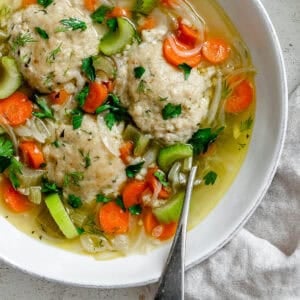 completed Vegan Matzo Ball Soup in a bowl