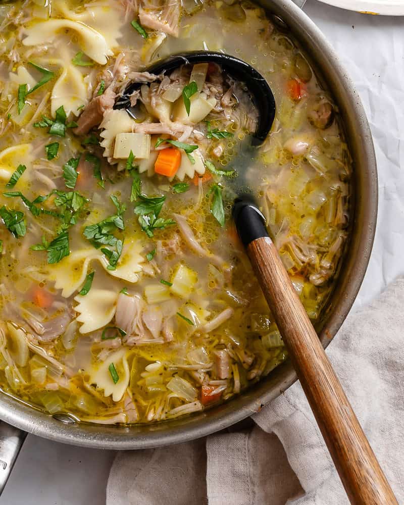 completed Vegan Jackfruit Chicken Noodle Soup in a bowl