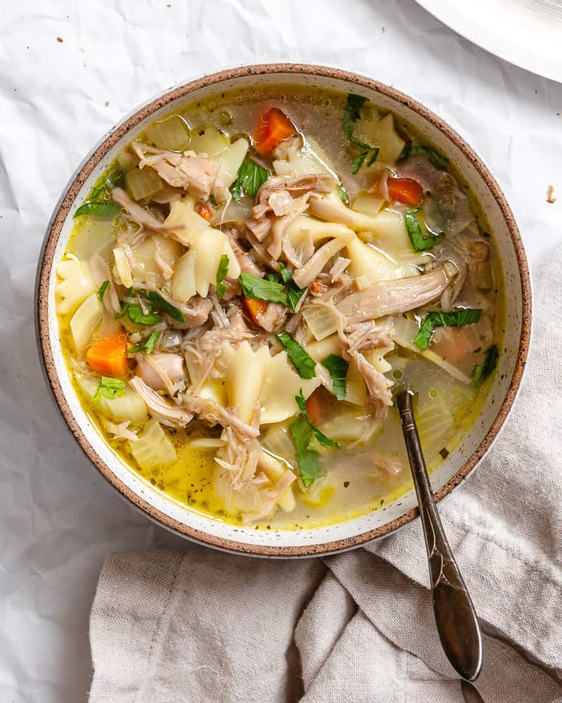 completed Vegan Jackfruit Chicken Noodle Soup in a bowl