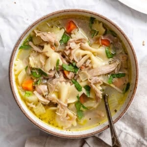 completed Vegan Jackfruit Chicken Noodle Soup in a bowl