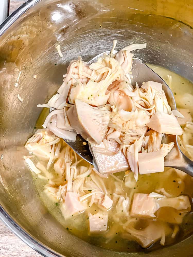 process shot showing jackfruit in mixing bowl