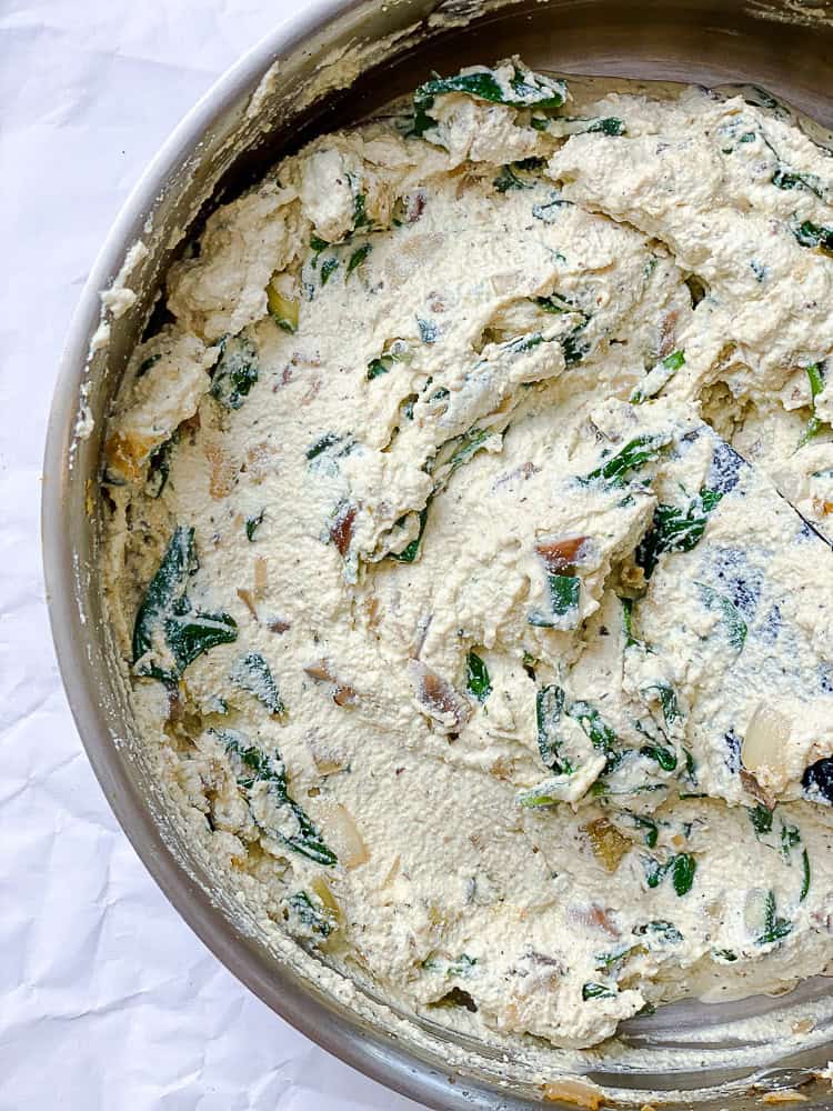 tofu ricotta in a large metal bowl.