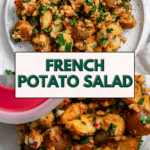 pinterest image of French potato salad in a storage container and on a white plate.