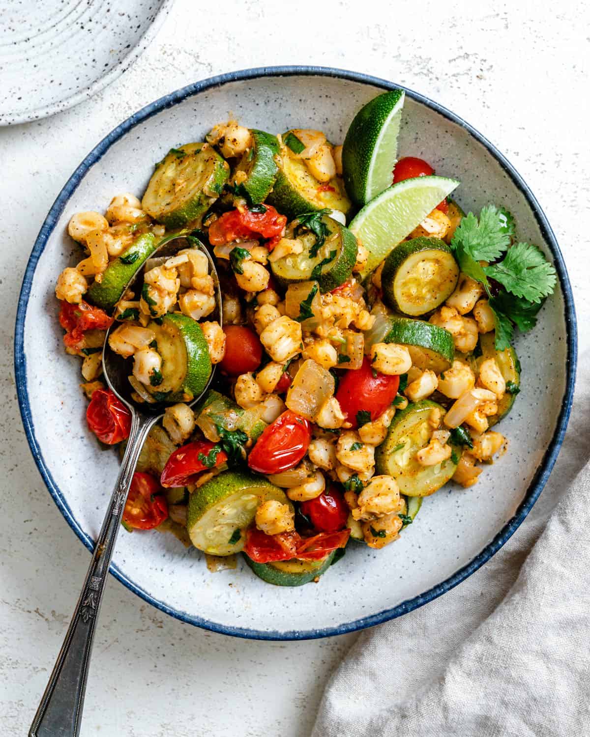 completed Summer Zucchini and Hominy on plate