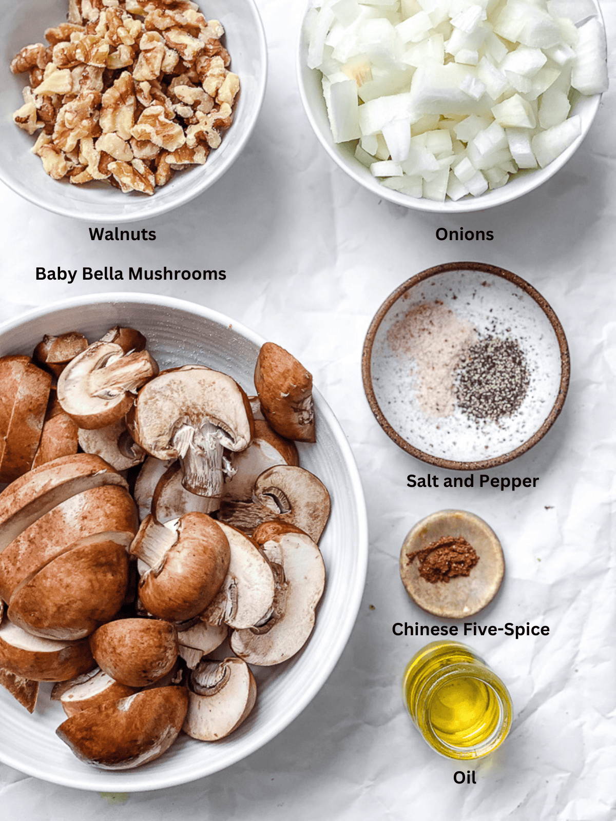 ingredients for The BEST Mushroom Pâté measured out on a white surface