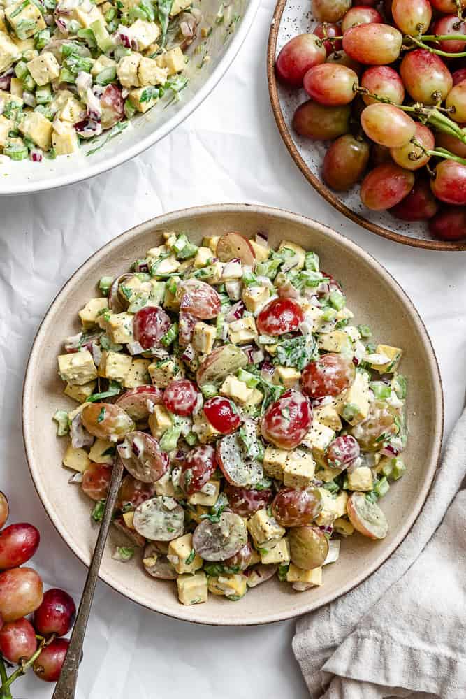 completed Vegan Chicken and California Grape Salad on a plate