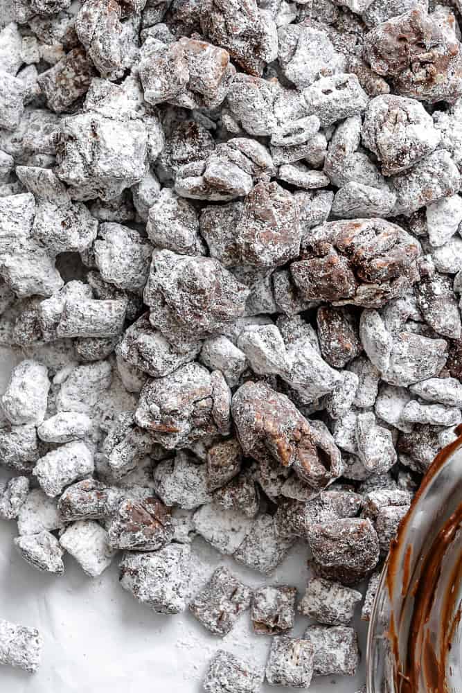 completed Easy Muddy Buddies [Puppy Chow] on a white surface