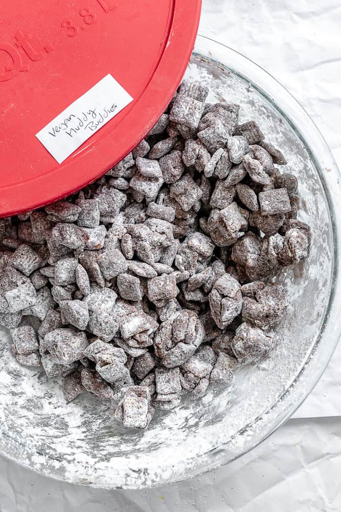 completed Easy Muddy Buddies [Puppy Chow] in storage container